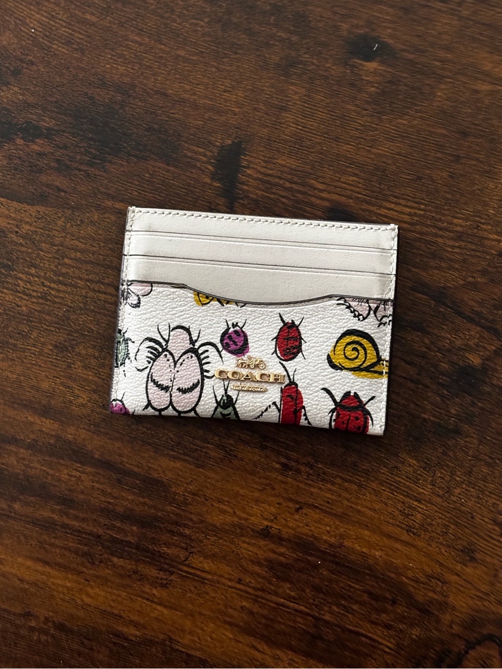 Coach White Leather ID Card Case with Multicolor Bug Print